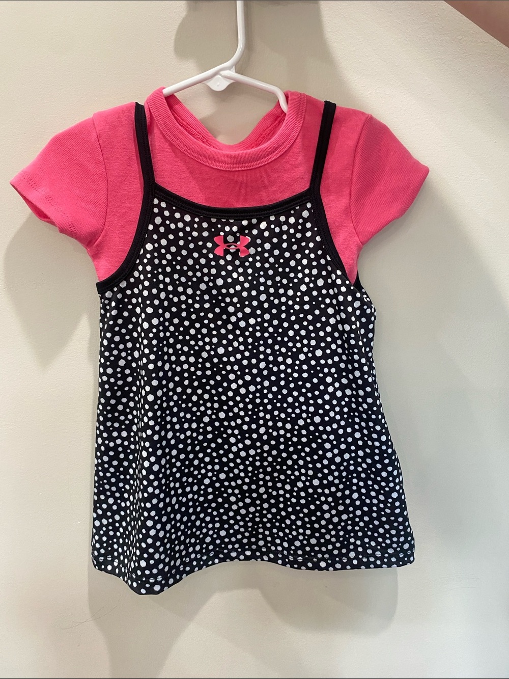 Under Armour Pink Tee with Black & White Polka Dot Tank Overlay